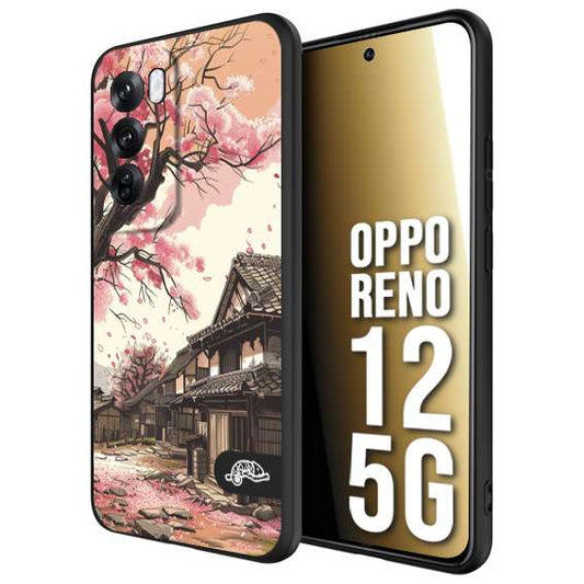 CUSTOMIZZA - Custodia cover nera morbida in tpu compatibile per Oppo Reno 12 5G casa giapponese rosa ciliegio in fiore disegnata tattoo