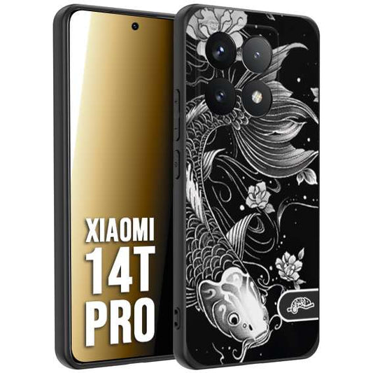 CUSTOMIZZA - Custodia cover nera morbida in tpu compatibile per Xiaomi 14T PRO carpa koi black and white bianco a rilievo disegnato tattoo tatuaggio