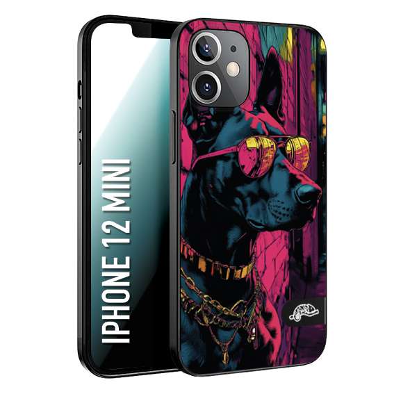 CUSTOMIZZA - Custodia cover nera morbida in tpu compatibile per iPhone 12 MINI animali cyberpunk dobermann cane street dog fucsia blu