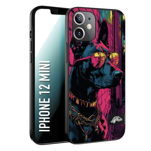 CUSTOMIZZA - Custodia cover nera morbida in tpu compatibile per iPhone 12 MINI animali cyberpunk dobermann cane street dog fucsia blu