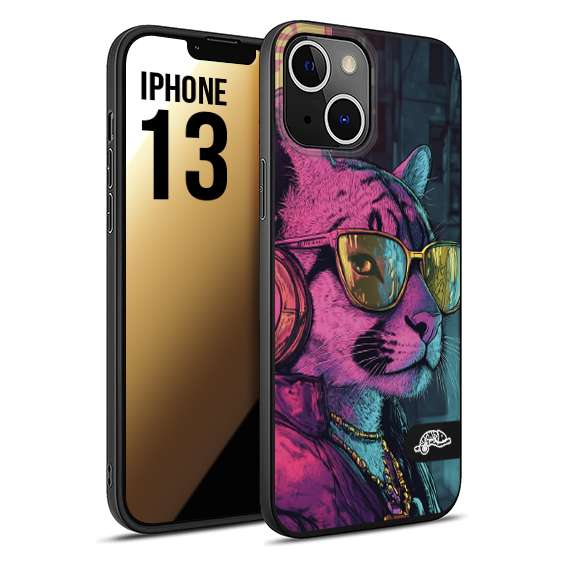 CUSTOMIZZA - Custodia cover nera morbida in tpu compatibile per iPhone 13 animali cyberpunk pantera street cat fucsia blu giallo