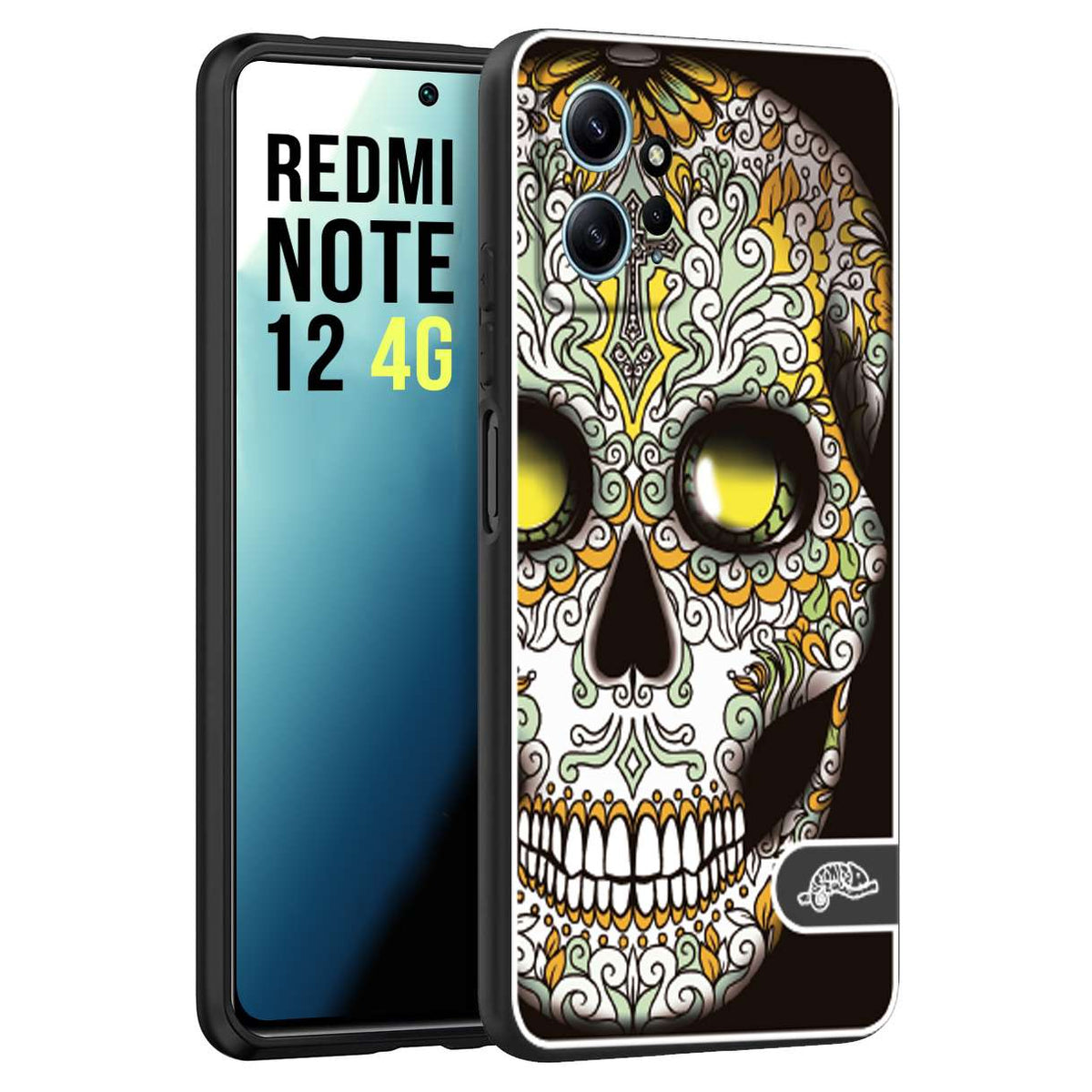 CUSTOMIZZA - Custodia cover nera morbida in tpu compatibile per Xiaomi Redmi Note 12 4G teschio messicano Mexican skull bianco verde giallo
