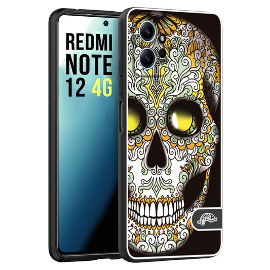 CUSTOMIZZA - Custodia cover nera morbida in tpu compatibile per Xiaomi Redmi Note 12 4G teschio messicano Mexican skull bianco verde giallo