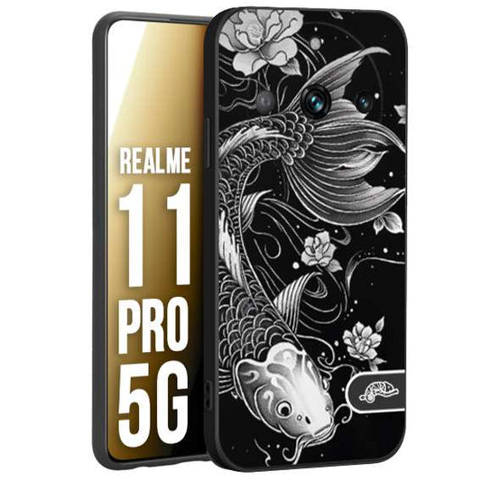 CUSTOMIZZA - Custodia cover nera morbida in tpu compatibile per Realme 11 PRO 5G carpa koi black and white bianco a rilievo disegnato tattoo tatuaggio