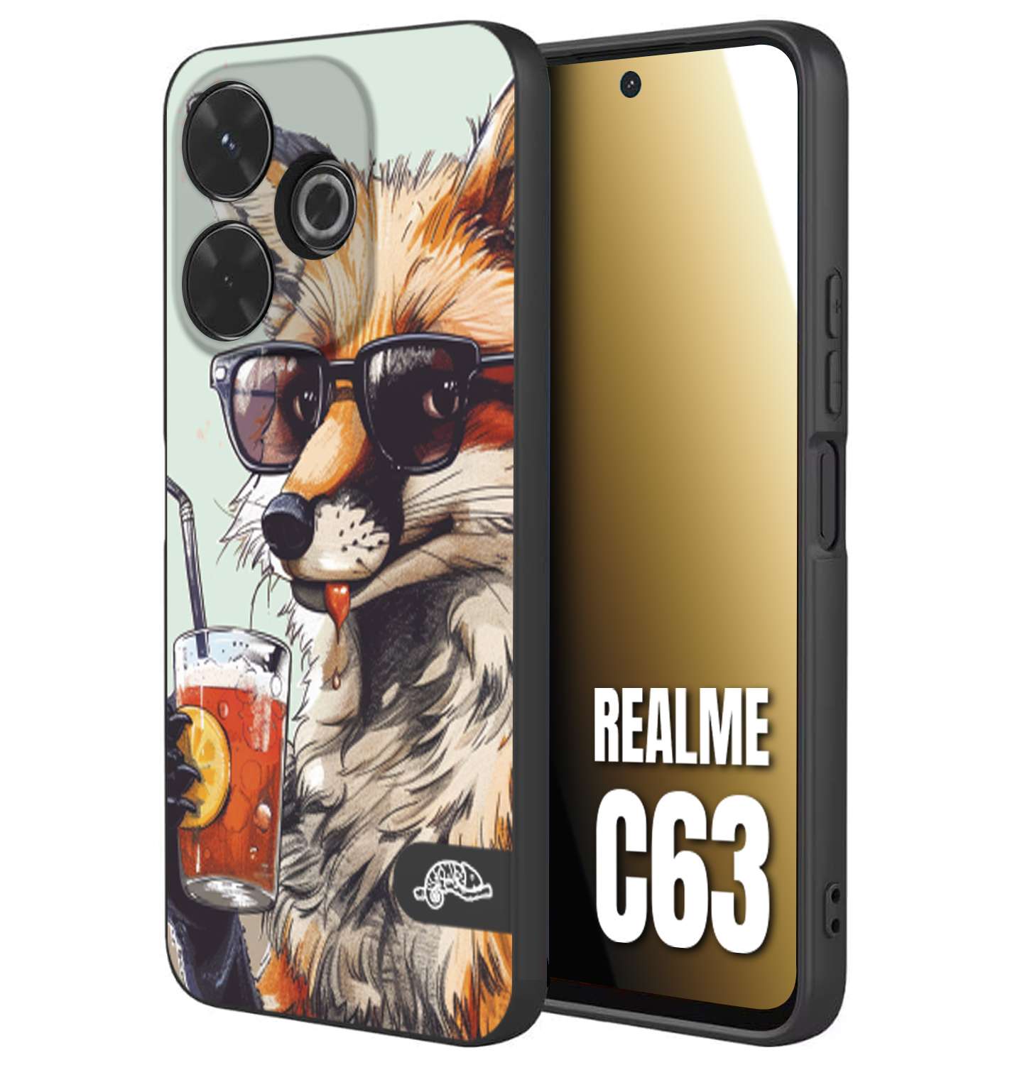CUSTOMIZZA - Custodia cover nera morbida in tpu compatibile per Realme C63 estate disegnata cocktails animali simpatici fox volpe negroni