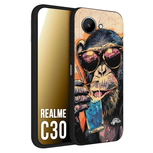 CUSTOMIZZA - Custodia cover nera morbida in tpu compatibile per Oppo Realme C30 estate disegnata cocktails animali simpatici scimmia monkey negroni