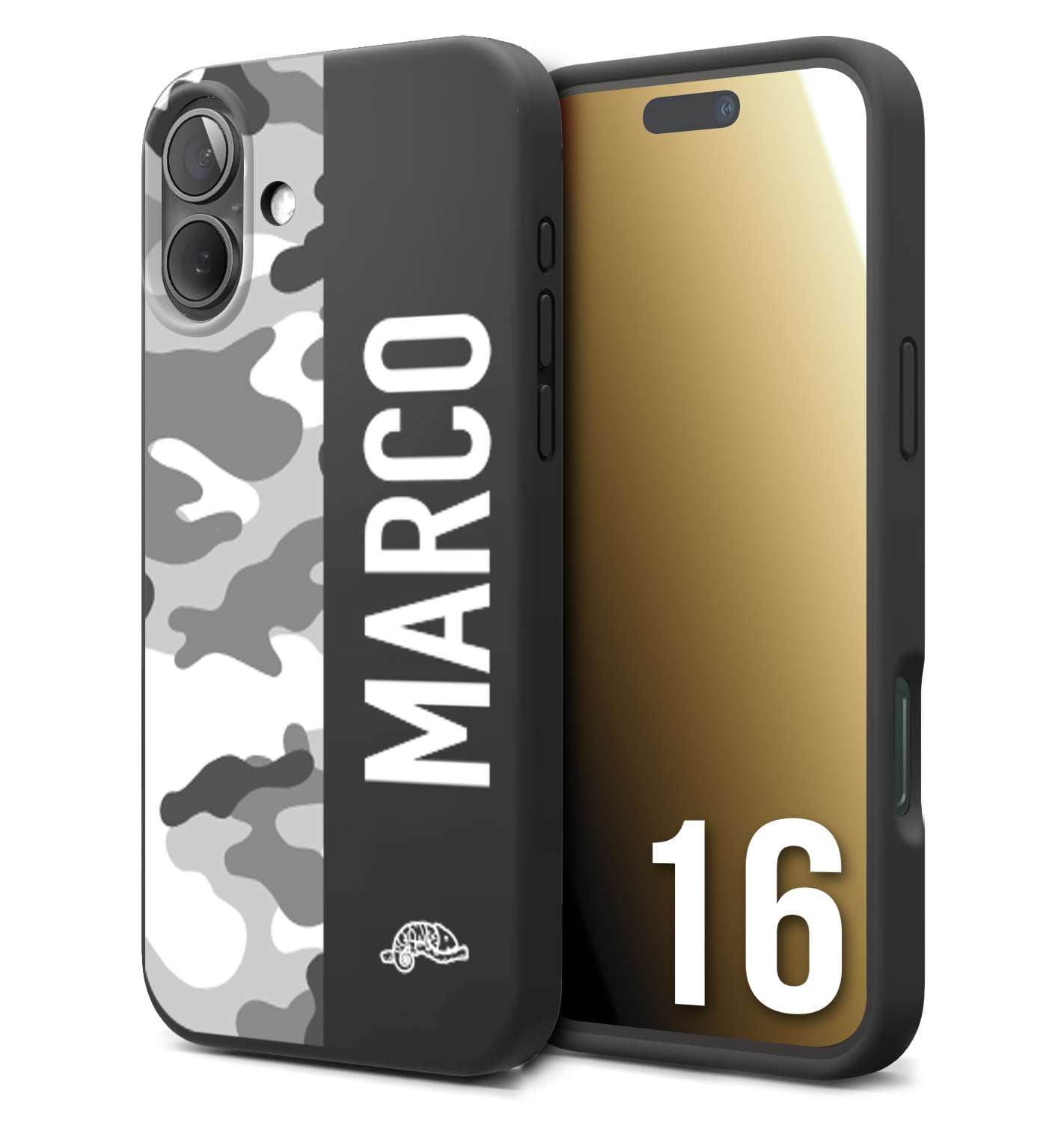 CUSTOMIZZA - Custodia cover nera morbida in tpu compatibile per iPhone 16 camouflage mimetico militare personalizzata nome bianco