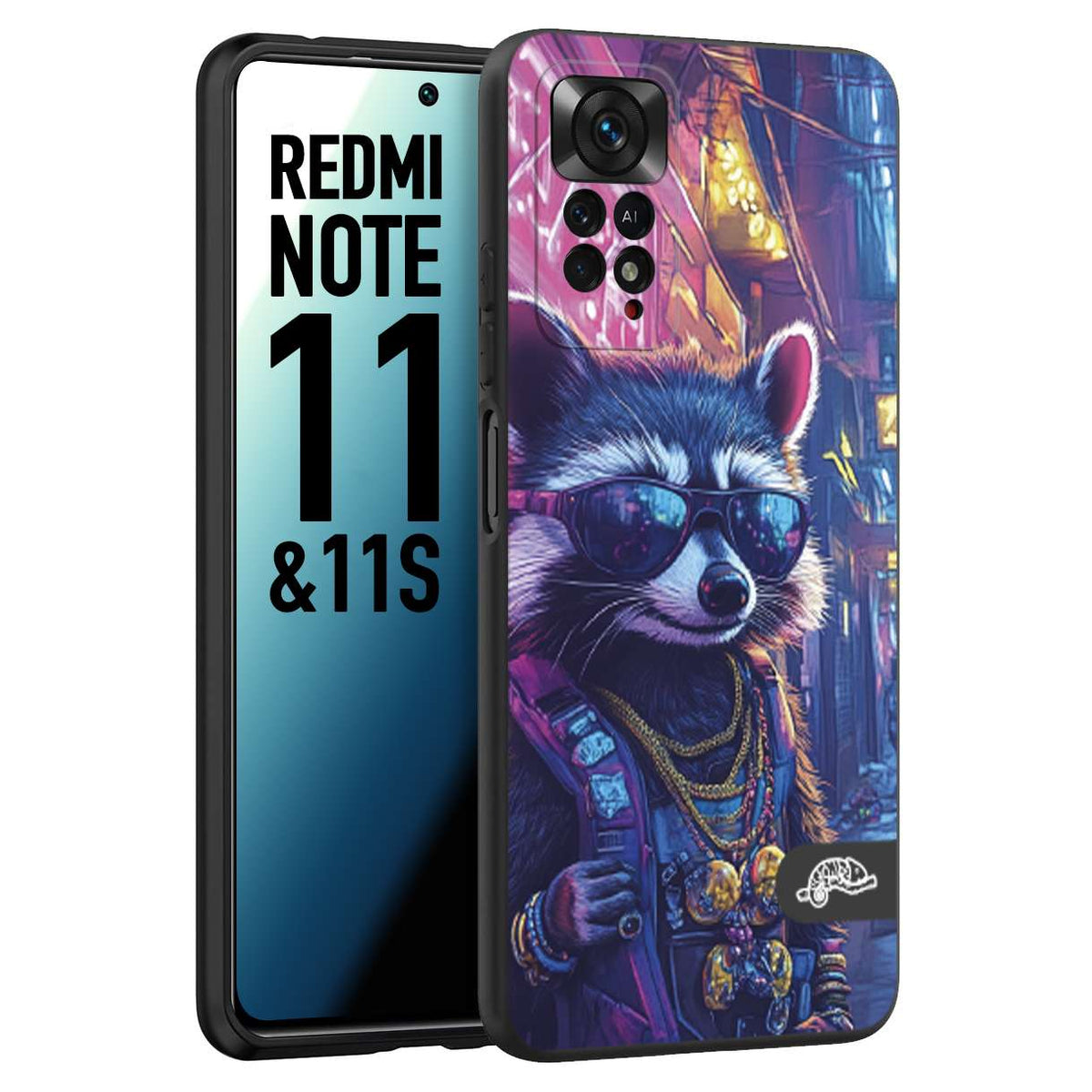 CUSTOMIZZA - Custodia cover nera morbida in tpu compatibile per Xiaomi Redmi Note 11 -  Note 11S animali simpatici cyberpunk procione racoon street cat fucsia blu giallo