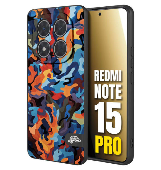 CUSTOMIZZA - Custodia cover nera morbida in tpu compatibile per Xiaomi Redmi Note 15 PRO camouflage mimetico militare moderno blu arancio rosso