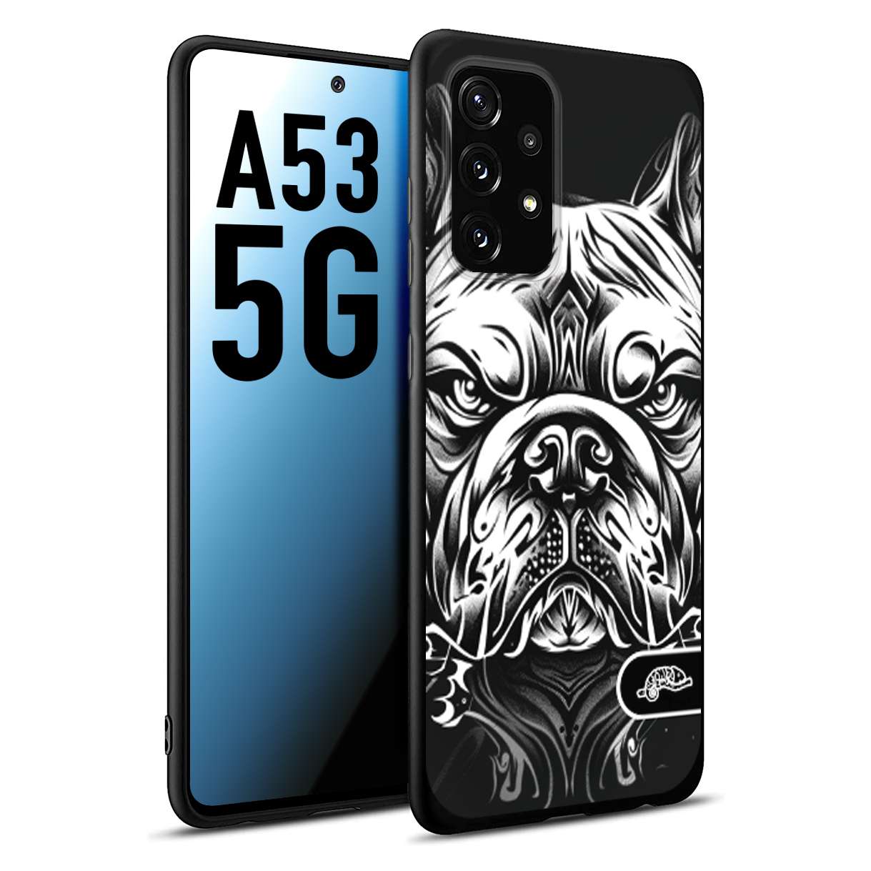 CUSTOMIZZA - Custodia cover nera morbida in tpu compatibile per Samsung A53 5G bulldog bianco a rilievo disegnato tattoo tatuaggio