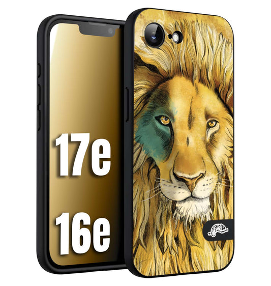 CUSTOMIZZA - Custodia cover nera morbida in tpu compatibile per iPhone 16E - 17E leone lion disegnato a mano giallo blu a rilievo artistico brown