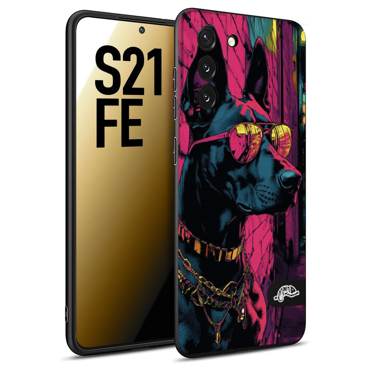 CUSTOMIZZA - Custodia cover nera morbida in tpu compatibile per Samsung S21 FE animali cyberpunk dobermann cane street dog fucsia blu