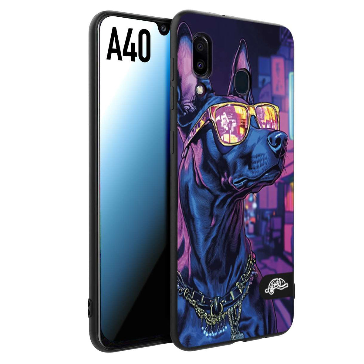 CUSTOMIZZA - Custodia cover nera morbida in tpu compatibile per Samsung A40 animali cyberpunk dobermann cane street dog fucsia blu night