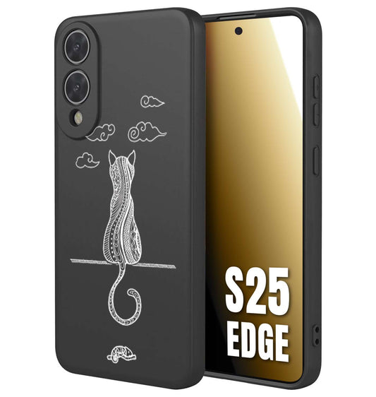 CUSTOMIZZA - Custodia cover nera morbida in tpu compatibile per Samsung S25 EDGE gatto mandala stilizzato gattino a rilievo soft touch donna bianca