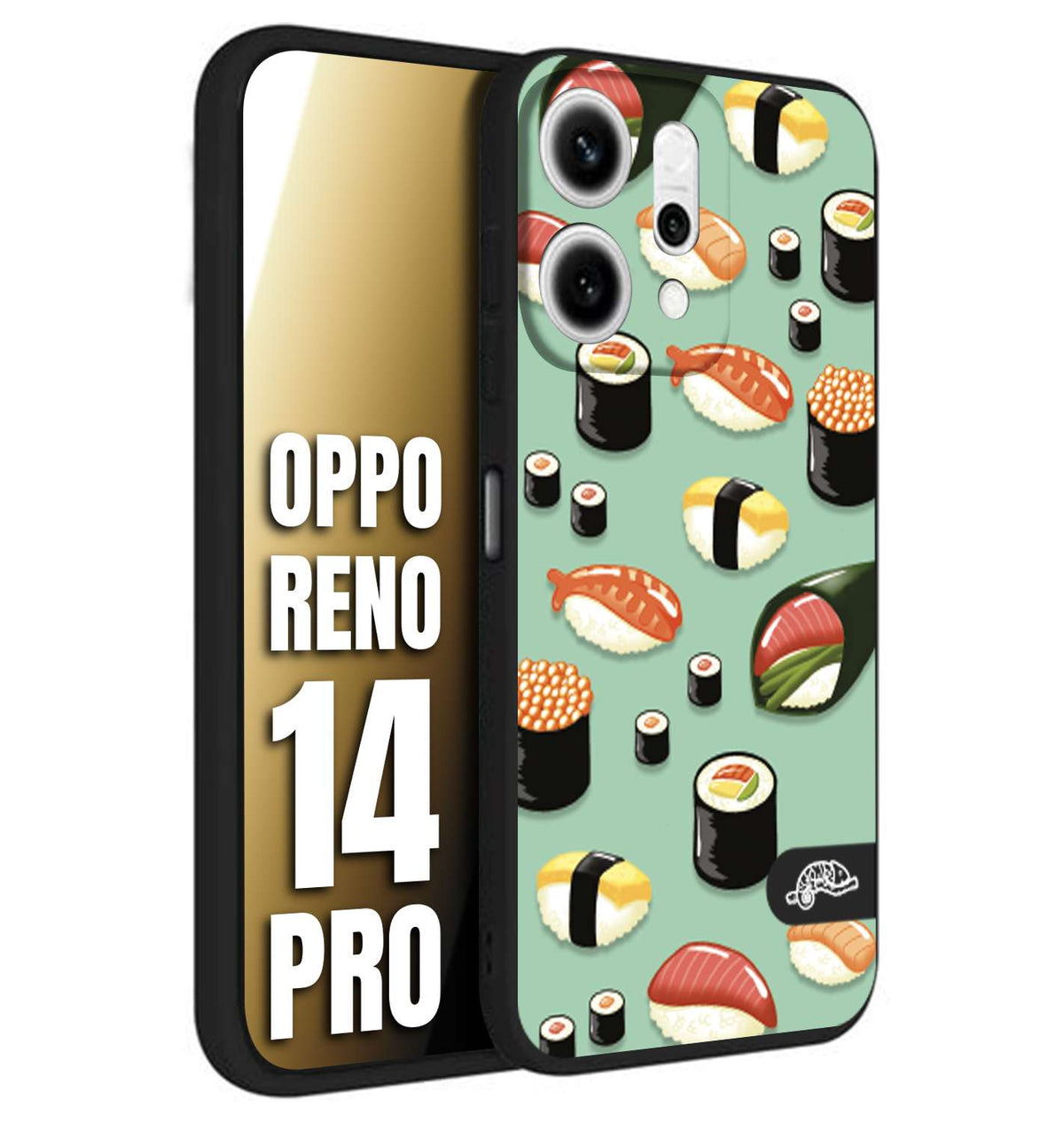 CUSTOMIZZA - Custodia cover nera morbida in tpu compatibile per Oppo Reno 14 PRO sushi disegni giapponese nighiri acquamarina verde