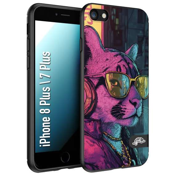 CUSTOMIZZA - Custodia cover nera morbida in tpu compatibile per iPhone 7 Plus - 8 plus animali cyberpunk pantera street cat fucsia blu giallo