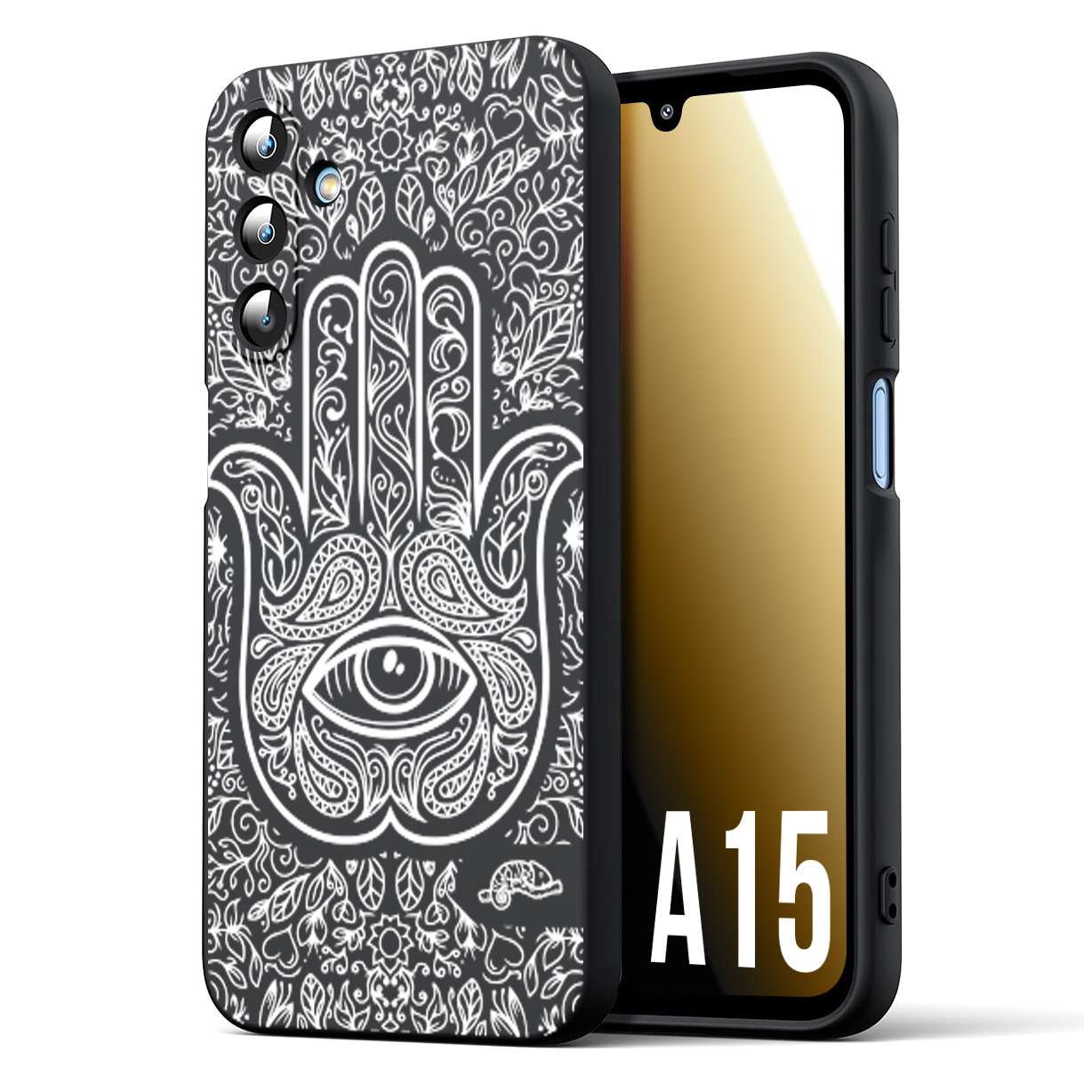 CUSTOMIZZA - Custodia cover nera morbida in tpu compatibile per Samsung A15 5G mano di fatima effetto rilievo mandala donna