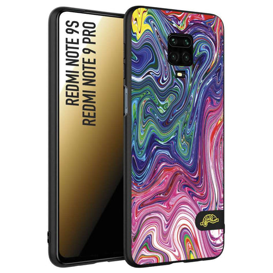 CUSTOMIZZA - Custodia cover nera morbida in tpu compatibile per Xiaomi Redmi Note 9S - Note 9 PRO colorata fantasia vortice marmo arcobaleno rosa blu fucsia