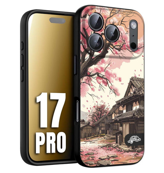 CUSTOMIZZA - Custodia cover nera morbida in tpu compatibile per iPhone 17 PRO casa giapponese rosa ciliegio in fiore disegnata tattoo