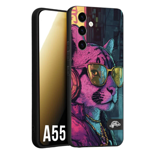 CUSTOMIZZA - Custodia cover nera morbida in tpu compatibile per Samsung A55 5G animali cyberpunk pantera street cat fucsia blu giallo