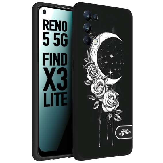 CUSTOMIZZA - Custodia cover nera morbida in tpu compatibile per Oppo Reno 5 5G luna e fiori moon flowers black and white bianco a rilievo disegnato tattoo tatuaggio