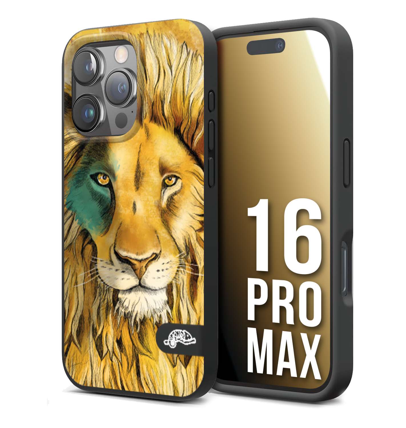 CUSTOMIZZA - Custodia cover nera morbida in tpu compatibile per iPhone 16 PRO MAX leone lion disegnato a mano giallo blu a rilievo artistico brown