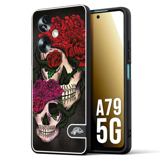 CUSTOMIZZA - Custodia cover nera morbida in tpu compatibile per Oppo A79 5G teschi e rose rosse fucsia skull and roses
