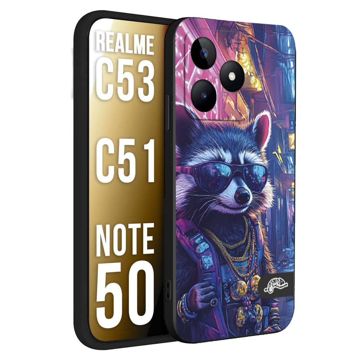 CUSTOMIZZA - Custodia cover nera morbida in tpu compatibile per Realme C53 - C51 - NOTE 50 animali simpatici cyberpunk procione racoon street cat fucsia blu giallo