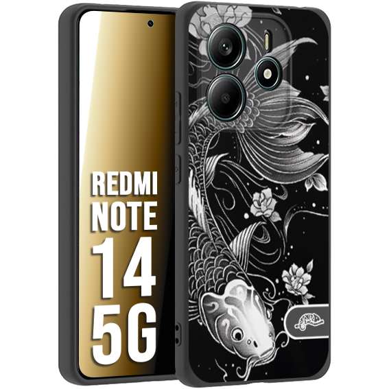CUSTOMIZZA - Custodia cover nera morbida in tpu compatibile per Xiaomi Redmi Note 14 5G carpa koi black and white bianco a rilievo disegnato tattoo tatuaggio