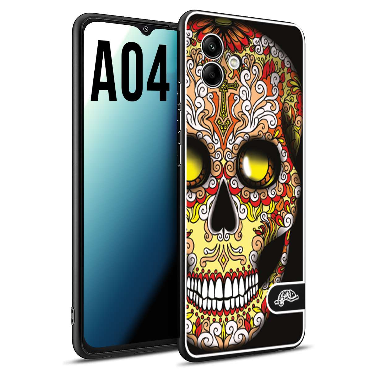 CUSTOMIZZA - Custodia cover nera morbida in tpu compatibile per Samsung A04 teschio messicano Mexican skull giallo rosso arancio