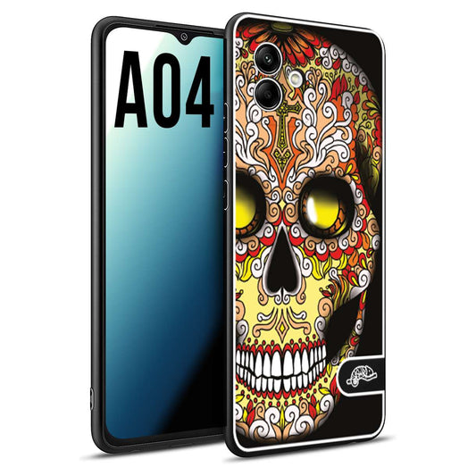 CUSTOMIZZA - Custodia cover nera morbida in tpu compatibile per Samsung A04 teschio messicano Mexican skull giallo rosso arancio
