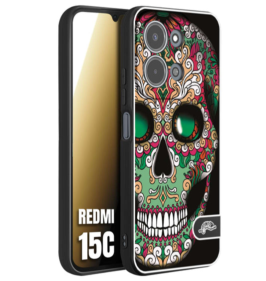CUSTOMIZZA - Custodia cover nera morbida in tpu compatibile per Xiaomi Redmi 15C teschio messicano Mexican skull verde fucsia