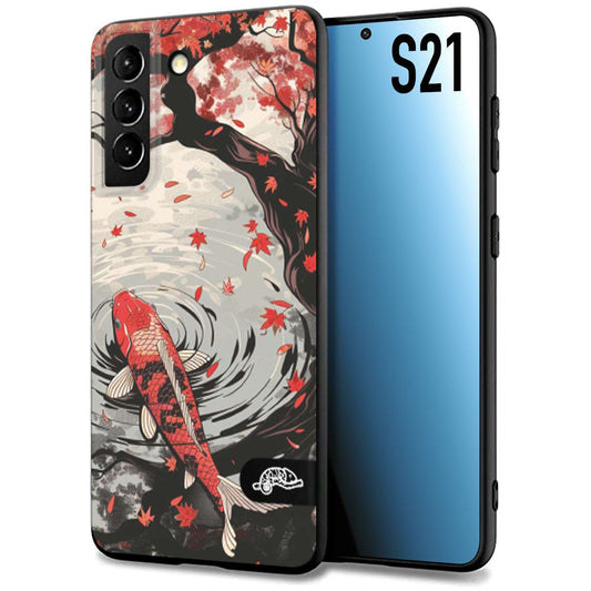 CUSTOMIZZA - Custodia cover nera morbida in tpu compatibile per Samsung S21 giapponese lago carpa koi rossa con foglie d'acero rosso disegnata tattoo