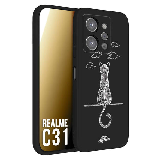 CUSTOMIZZA - Custodia cover nera morbida in tpu compatibile per Oppo Realme C31 gatto mandala stilizzato gattino a rilievo soft touch donna bianca