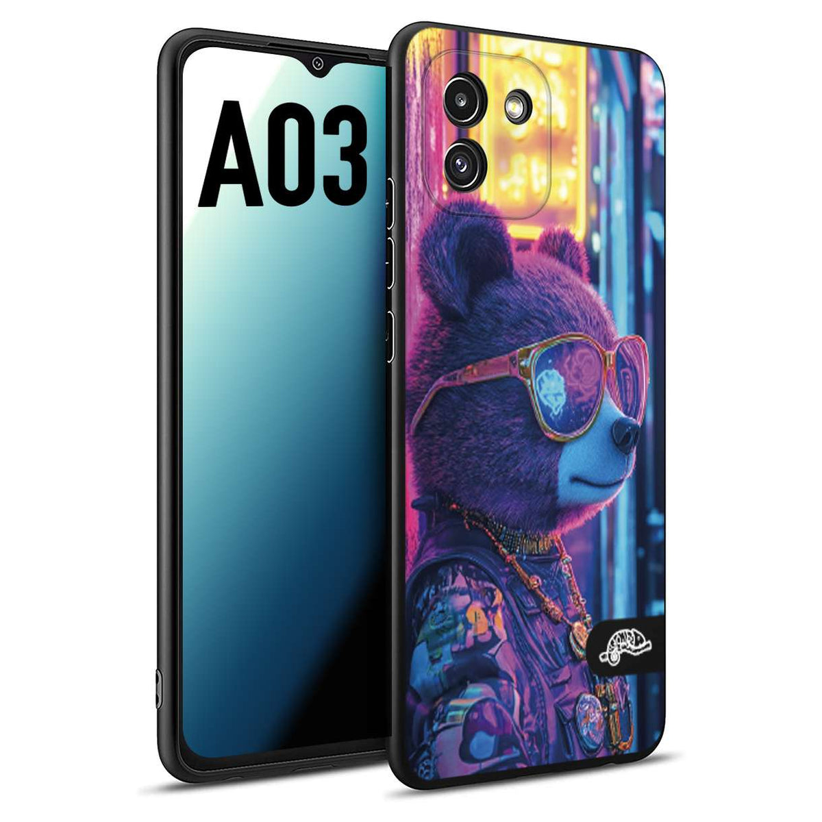 CUSTOMIZZA - Custodia cover nera morbida in tpu compatibile per Samsung A03 animali cyberpunk orsetto orso street bear fucsia blu night