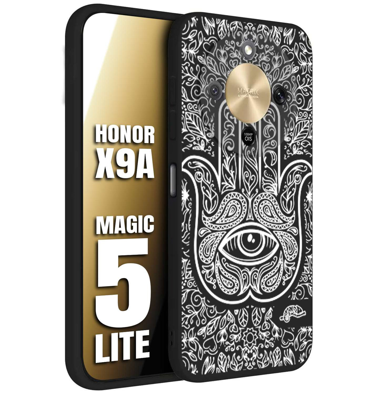 CUSTOMIZZA - Custodia cover nera morbida in tpu compatibile per Honor X9A - Honor Magic 5 Lite mano di fatima effetto rilievo mandala donna