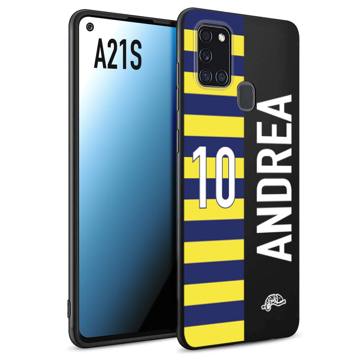 CUSTOMIZZA - Custodia cover nera morbida in tpu compatibile per Samsung A21S personalizzata calcio football nome e numero calciatori giallo blu