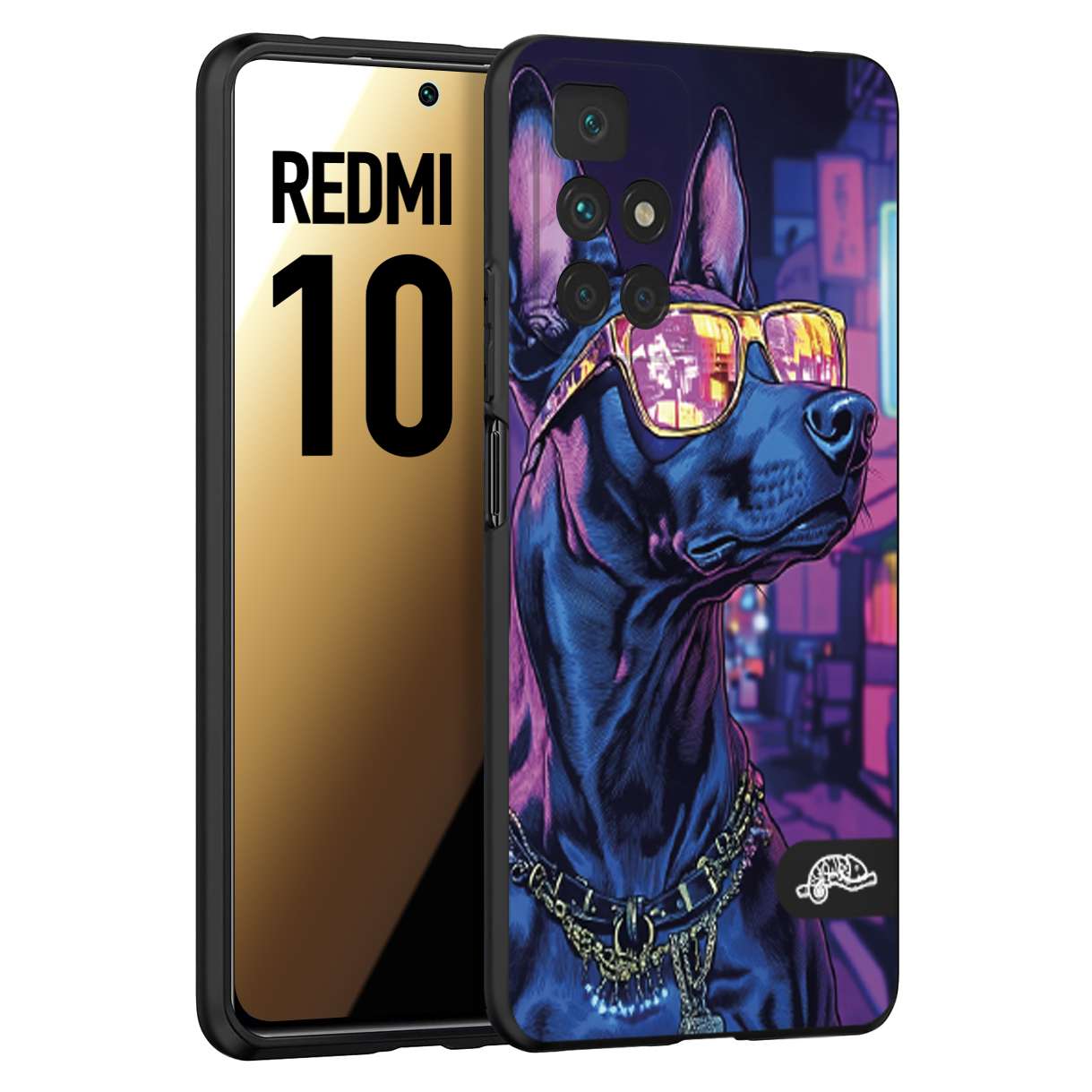 CUSTOMIZZA - Custodia cover nera morbida in tpu compatibile per Xiaomi Redmi 10 animali cyberpunk dobermann cane street dog fucsia blu night