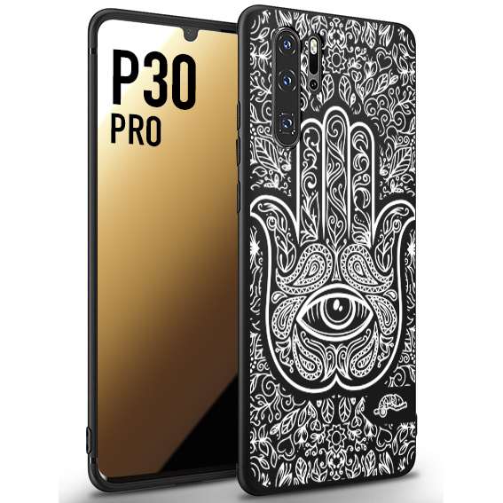 CUSTOMIZZA - Custodia cover nera morbida in tpu compatibile per Huawei P30 PRO mano di fatima effetto rilievo mandala donna