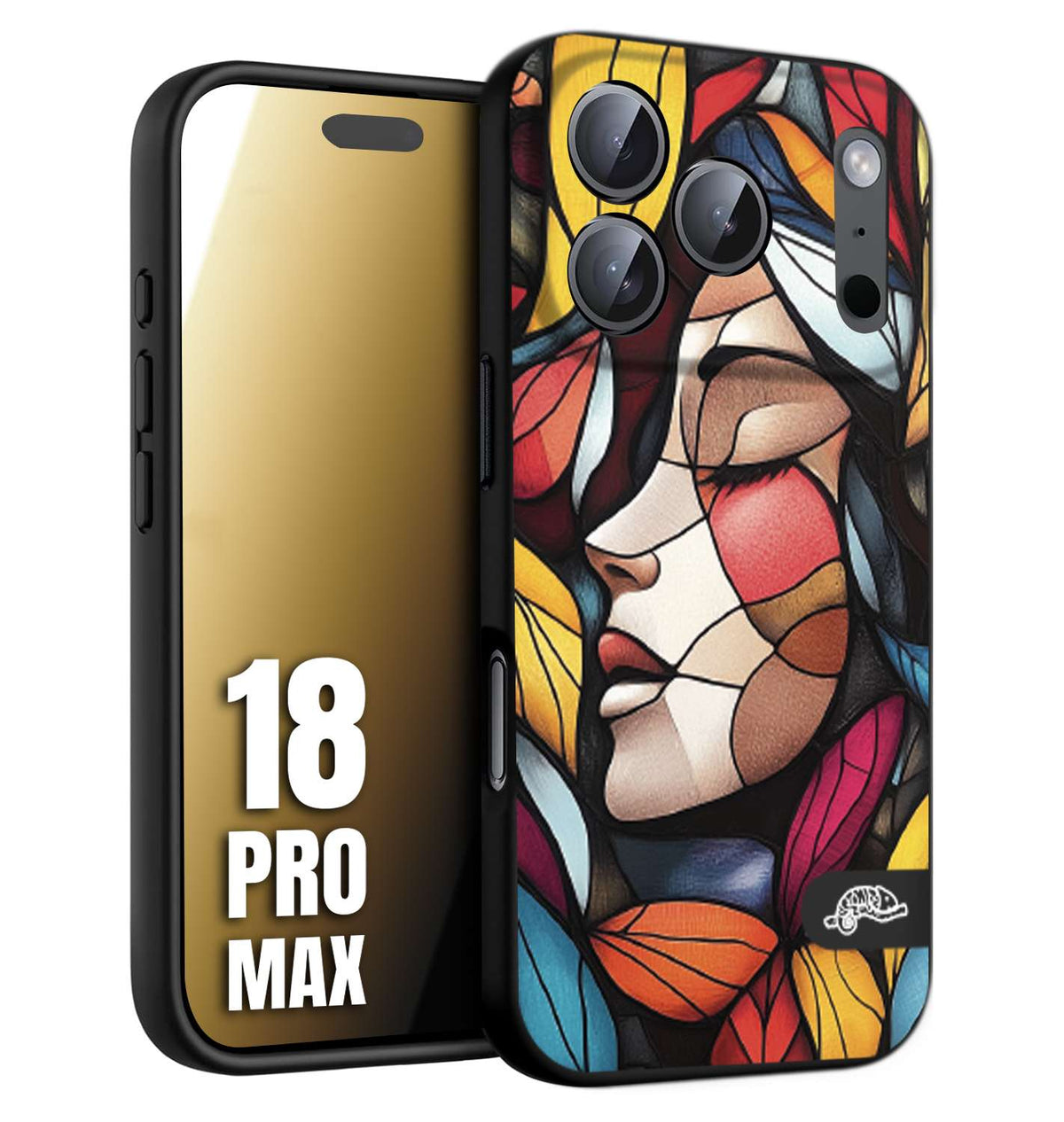 CUSTOMIZZA - Custodia cover nera morbida in tpu compatibile per iPhone 18 PRO MAX Vetrata artistica volto di donna profilo fogliare mosaico di vetro colorato