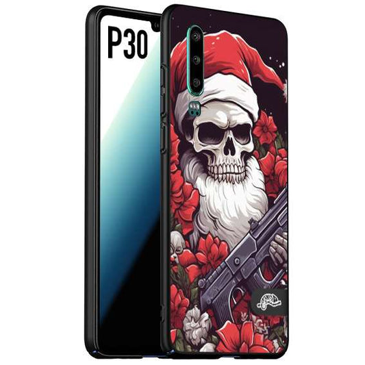 CUSTOMIZZA - Custodia cover nera morbida in tpu compatibile per Huawei P30 teschio natale santa claus fiori tattoo disegnato