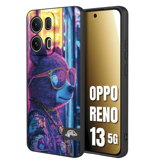 CUSTOMIZZA - Custodia cover nera morbida in tpu compatibile per Oppo Reno 13 5G animali cyberpunk orsetto orso street bear fucsia blu night