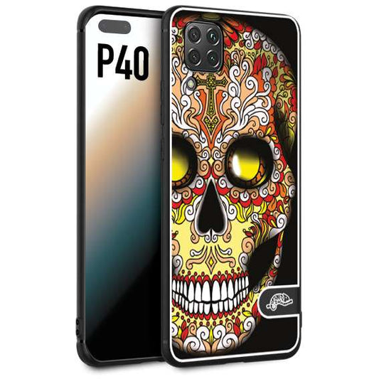 CUSTOMIZZA - Custodia cover nera morbida in tpu compatibile per Huawei P40 teschio messicano Mexican skull giallo rosso arancio