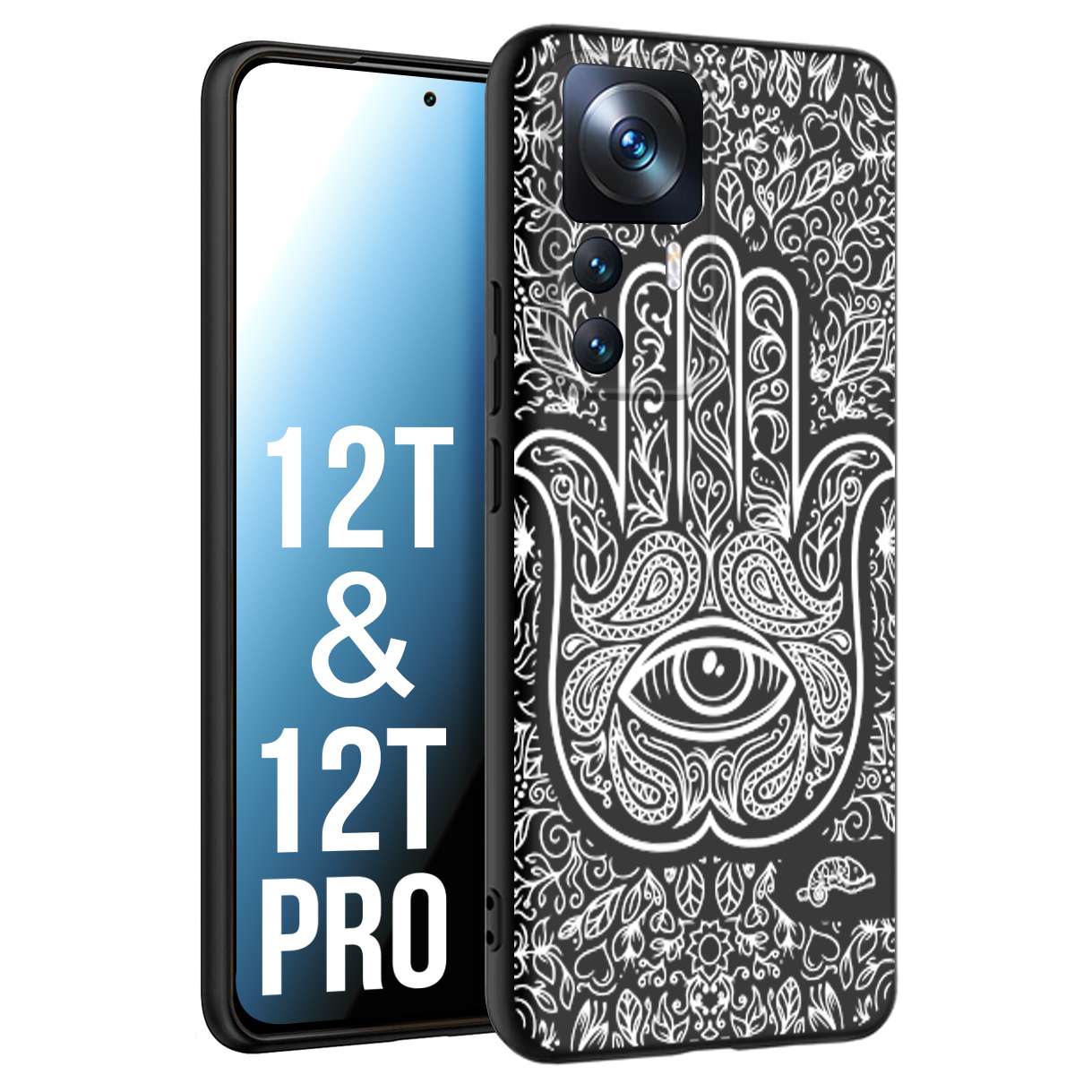 CUSTOMIZZA - Custodia cover nera morbida in tpu compatibile per Xiaomi 12T - 12T PRO mano di fatima effetto rilievo mandala donna