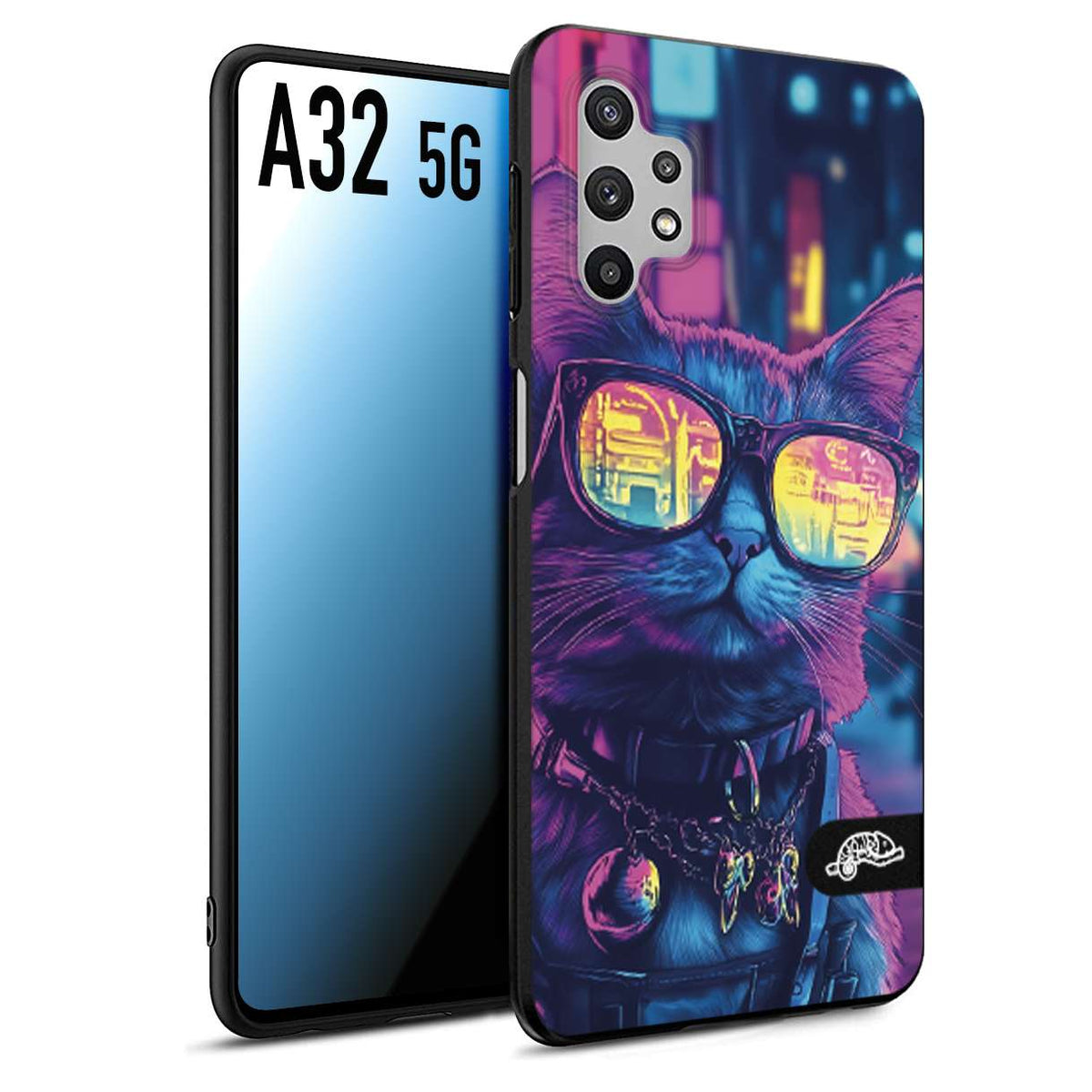 CUSTOMIZZA - Custodia cover nera morbida in tpu compatibile per Samsung A32 5G animali cyberpunk gatto street cat fucsia blu giallo
