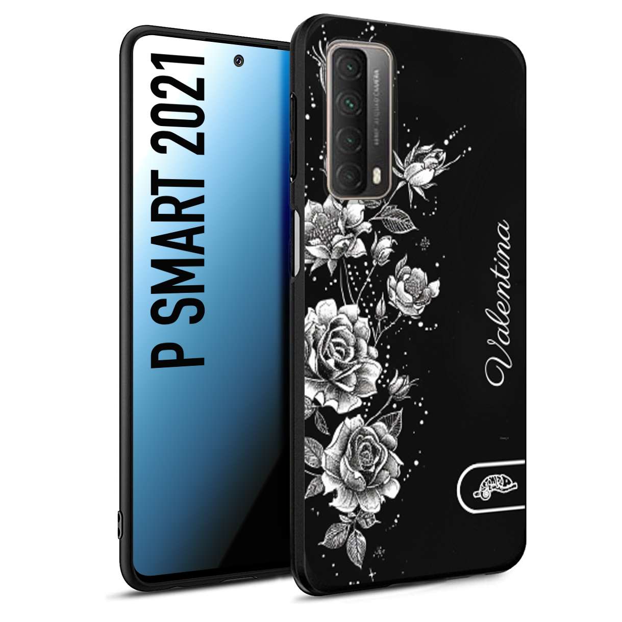 CUSTOMIZZA - Custodia cover nera morbida in tpu compatibile per Huawei P Smart 2021 a rilievo soft touch personalizzata nome rose fiori donna