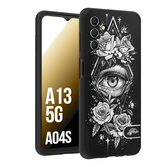 CUSTOMIZZA - Custodia cover nera morbida in tpu compatibile per Samsung A04S - A13 5G occhio fiori rombo geometrico black and white bianco a rilievo disegnato tattoo tatuaggio