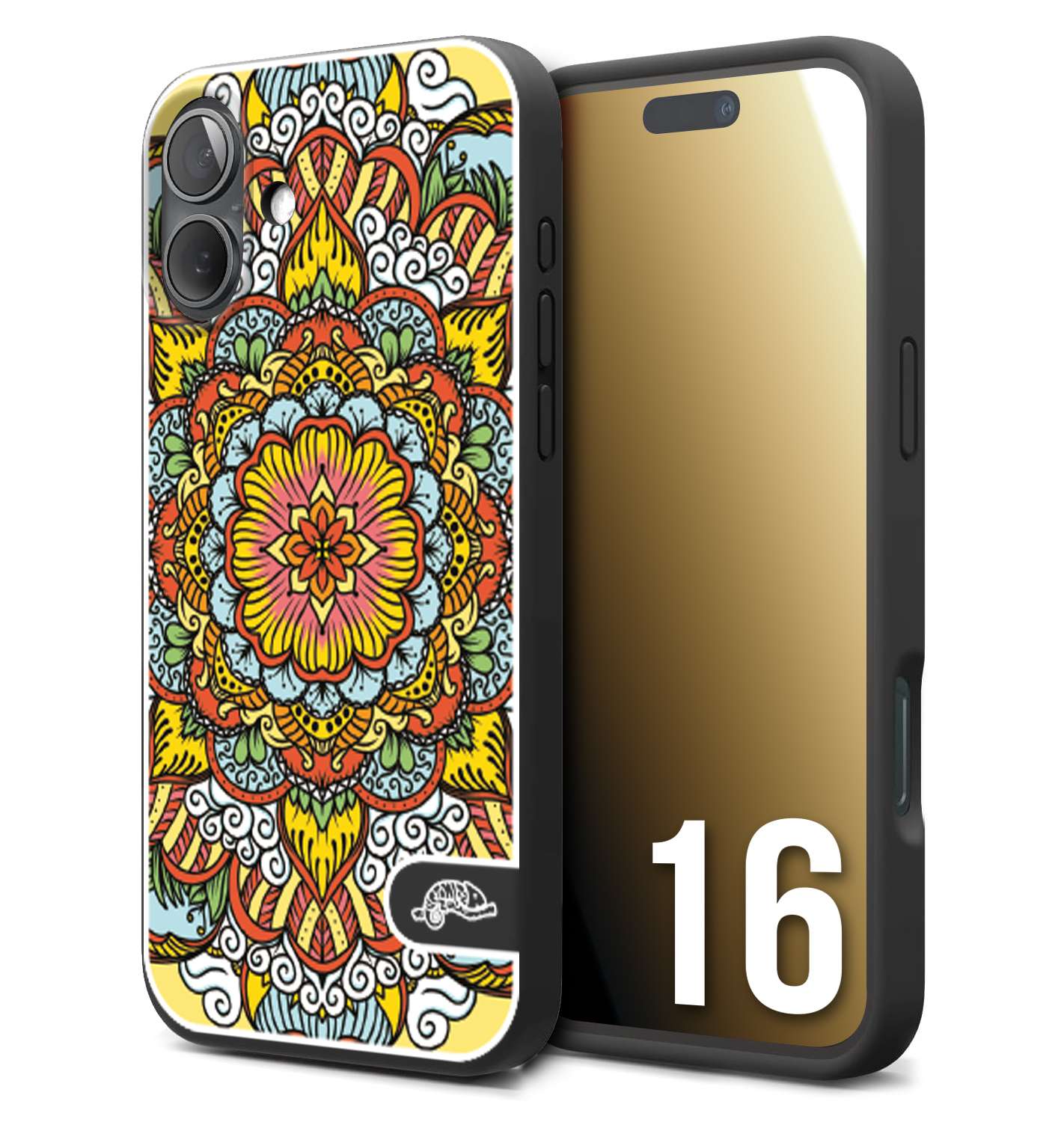 CUSTOMIZZA - Custodia cover nera morbida in tpu compatibile per iPhone 16 mandala colorato fiore nuvole arancione