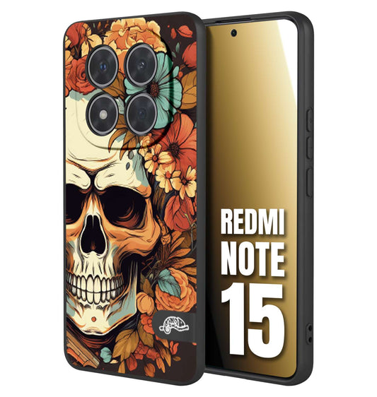 CUSTOMIZZA - Custodia cover nera morbida in tpu compatibile per Xiaomi Redmi Note 15 teschio skull flowers fiori autunnali arancio celeste tattoo