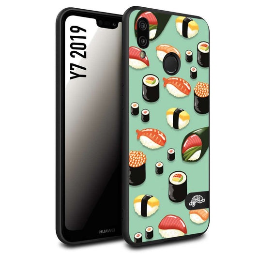 CUSTOMIZZA - Custodia cover nera morbida in tpu compatibile per Huawei Y7 2019 sushi disegni giapponese nighiri acquamarina verde